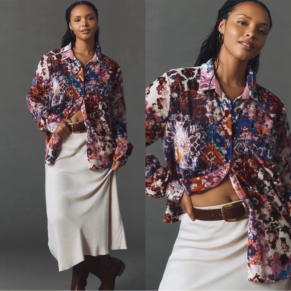 Anthropologie Tops - Anthropologie Pilcro The Hadley Velvet Relaxed Button-down Shirt in Pink Sz. 2X